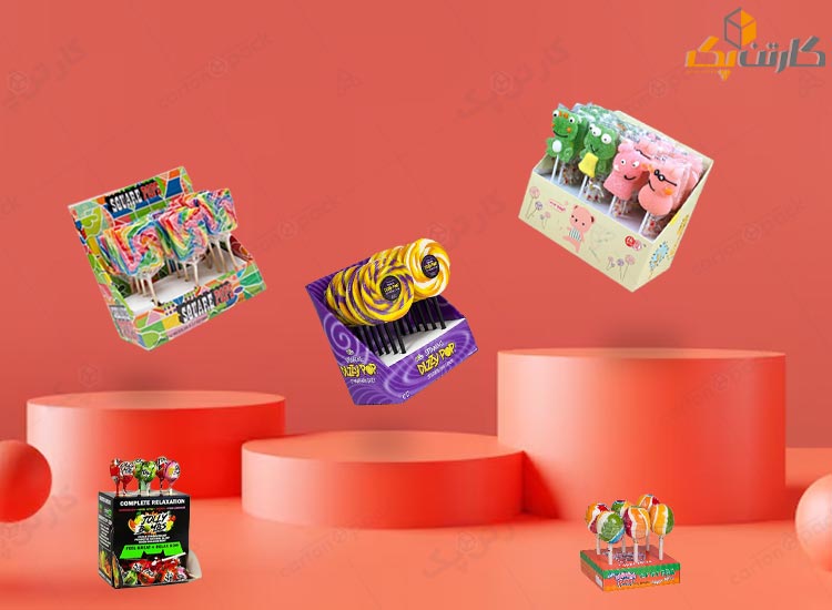 استند بسته بندی آبنبات چوبی | استند مقوایی رومیزی آبنبات